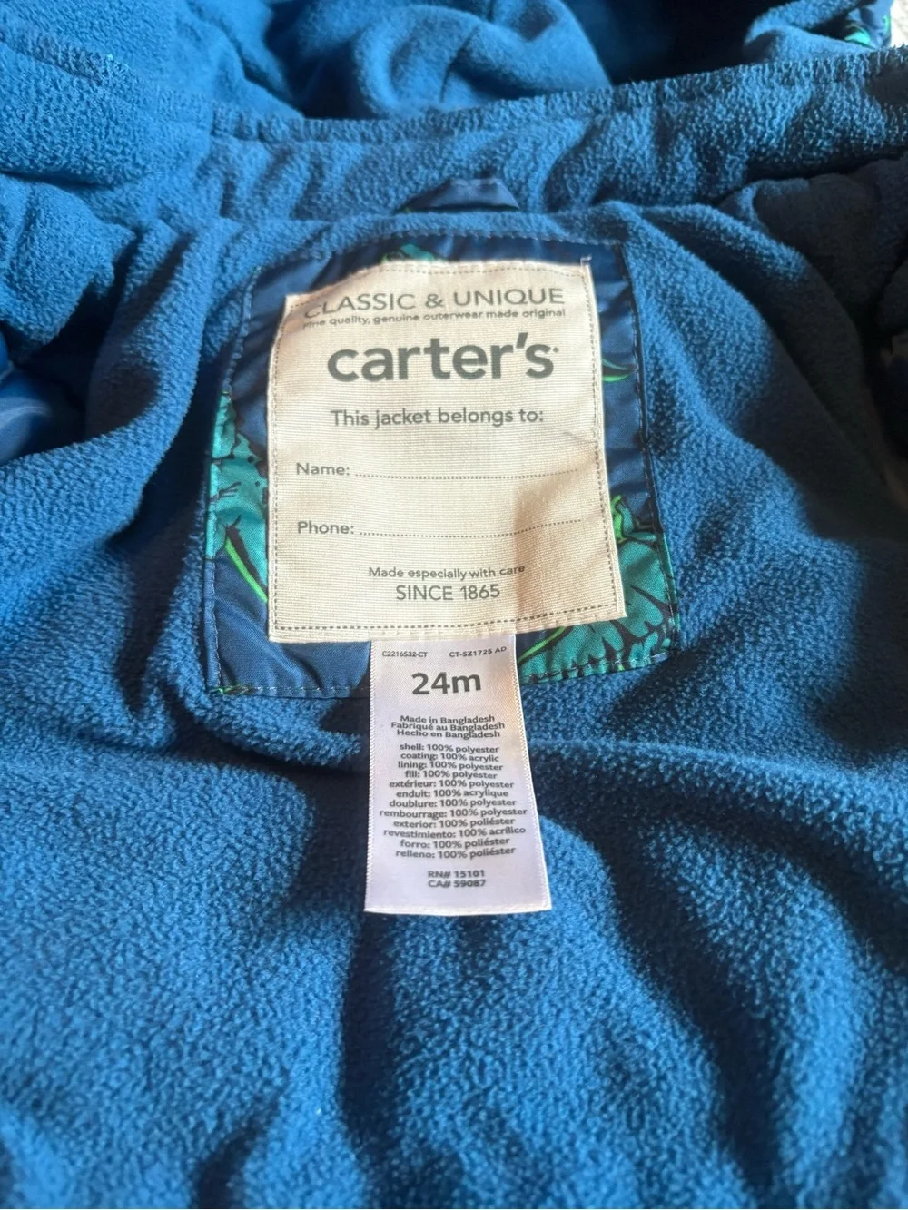 Carter’s Boys Dinosaur Puffer Jacket Hooded Winter Coat